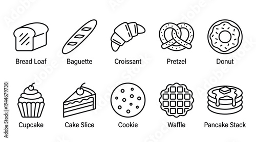 A set of outline icons representing various bakery items, including bread loaf, baguette, croissant, pretzel, donut, cupcake, cake slice, cookie, waffle and pancake stack. Vector format.