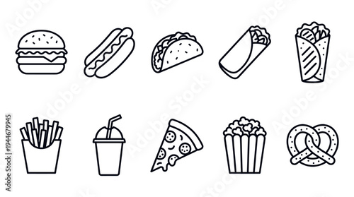 Set of linear style icons showcasing a burger, hotdog, taco, burrito, fries, drink, pizza, popcorn, and pretzel, presented on a clean white background.