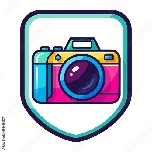 Vintage camera flat design vector illustration with vibrant neon colors and glossy lens