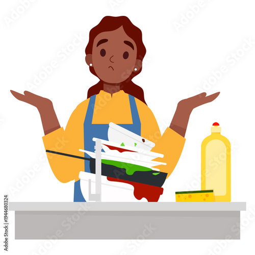 Frustrated Woman Overwhelmed by Pile of Dirty Dishes