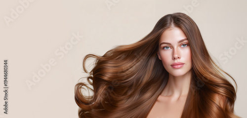 Luxurious portrait of a young woman with long, flowing, shiny brown hair, on a beige background.