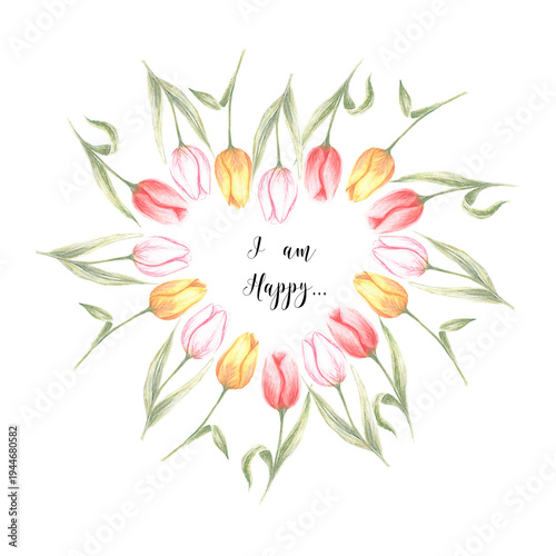 Tulips Frame. Happy.watercolor illustration isolated on a white background. Suitable for printing on postcards, fabrics, stickers and scrapbooking