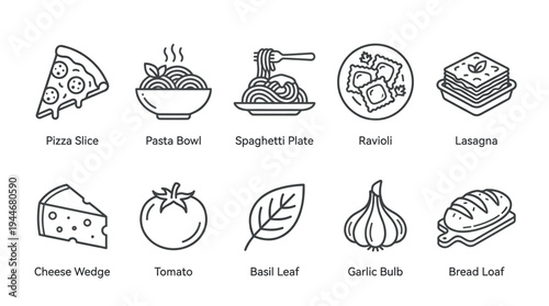 Collection of Italian food icons in line art style, featuring pizza, pasta, ravioli, lasagna, cheese, and fresh ingredients, ideal for culinary designs or restaurant menus.