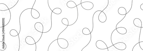 Horizontal seamless squiggle line pattern. Thin continuous black loops and swirls on white background. Modern organic line art design with continuous wavy strokes.