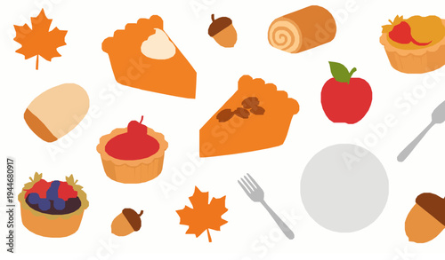 Cute Thanksgiving dessert cartoon icon pack with pumpkin pie apple pecan tart pastry and autumn leaves vector set