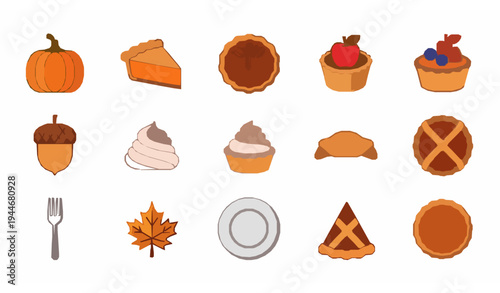 Thanksgiving pie and bakery flat icon set with pumpkin apple pecan pie tart whipped cream and autumn elements vector illustration