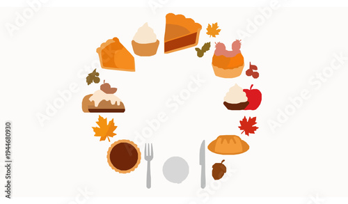 Colorful Thanksgiving pie dessert vector icon collection with pumpkin apple pecan tart pastry and autumn symbols