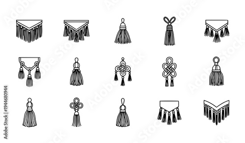 Tassel ornament line icon set with fringe tuft thread pendant and decorative knot symbols vector illustration