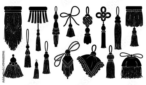 Decorative tassel fringe silhouette icon collection with hanging thread pendant knot and cord ornament symbols