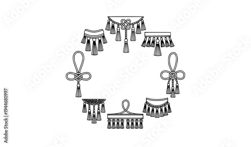 Elegant tassel ornament outline icon pack with fringe tuft cord knot and thread pendant vector set