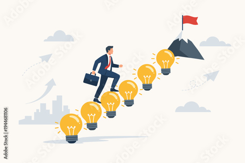 Businessman climbing light bulb stairs to reach a mountain summit with a red flag, symbolizing innovation, creative strategy, career advancement, and goal achievement in a flat vector style.