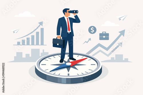 Businessman standing on a large compass looking through binoculars for new financial opportunities and growth. Background features rising stock market charts, dollar signs, and city skyline.