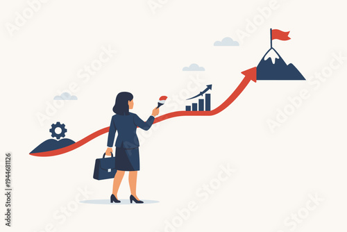 Businesswoman painting her own career path towards success and goals. Flat vector illustration showing a professional woman drawing a rising red arrow leading to a mountain peak with a flag.