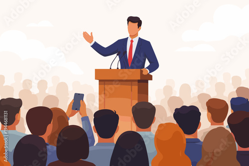 Professional vector illustration of a male politician or businessman in a suit giving a speech from a podium to a large crowd of people, public speaking event, political rally, or conference.