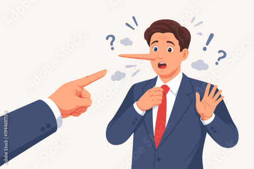 Surprised Businessman with Long Nose Caught Lying by Accusing Finger, Flat Vector Illustration Representing Dishonesty, Deception, Fraud, and Corporate Ethics, Pinocchio Concept Art