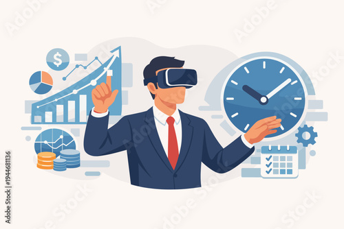 Businessman in a suit using virtual reality VR goggles for financial data analysis, stock market investment tracking, and efficient time management with clock and calendar icons for productivity.