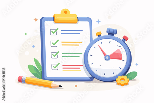 3D Flat Vector Illustration of a Checklist Clipboard with a Stopwatch, Pencil, and Gear, Representing Time Management, Productivity, Task Planning, Efficiency, and Business Organization Concepts