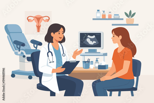 Female Gynecologist Consulting with a Pregnant Patient in a Medical Clinic, Flat Vector Illustration of an Obstetrician Showing Ultrasound Results to a Woman During a Prenatal Health Checkup.