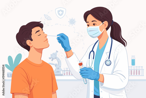 Vector illustration of a female doctor in a white coat and protective mask performing a nasal swab test on a young male patient in a medical laboratory for virus diagnosis and healthcare checkup.