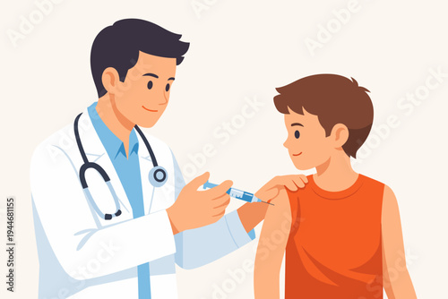 Male Doctor Giving a Vaccine Injection with a Syringe to a Young Boy's Shoulder, Pediatric Healthcare and Medical Vaccination Concept, Simple Flat Vector Illustration for Health and Medicine