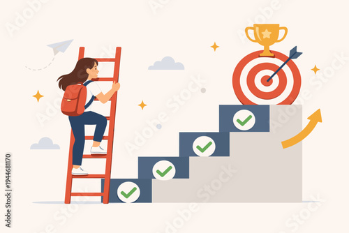 Student girl climbing ladder and steps with checkmarks to reach target and gold trophy, representing academic success, goal achievement, career progress, motivation, and educational milestones.