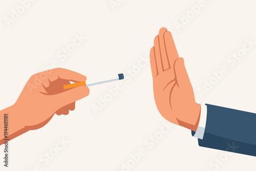 Man's hand in a suit rejecting a cigarette offer with a stop gesture. Flat vector illustration representing the decision to quit smoking, healthy lifestyle choices, and tobacco refusal concept.