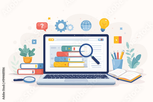 Digital library and online education concept featuring a laptop with books on screen, magnifying glass, and study icons. Flat vector illustration for e-learning, research, and knowledge base.