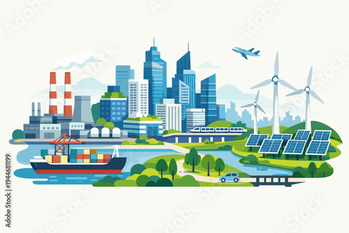 Sustainable modern city vector illustration featuring urban skyscrapers, industrial factories, cargo ship, high-speed train, airplane, wind turbines, and solar panels for green energy concept.