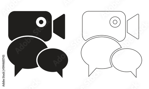 Video camera and speech bubbles black silhouette and outline icons for communication and media