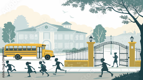 Children running towards school gate with yellow bus outside educational building with back to school with daily life