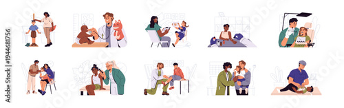 Pediatrician medical checkup flat vector illustration set for children
