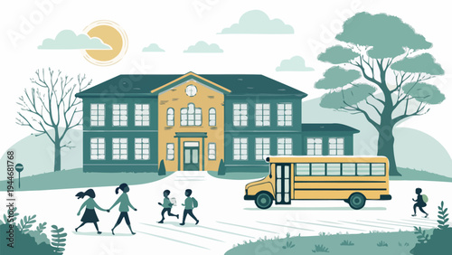Children walking to school bus in front of yellow building with sun and clouds illustration with back to school with daily life
