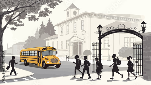 Students with backpacks entering school grounds through ornate gate, yellow bus nearby, back to school