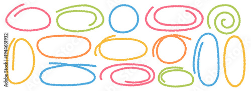 Hand-drawn crayon circles and ovals with colorful highlights, perfect for creative designs, scribbles, and playful handwritten text frames with rough texture elements