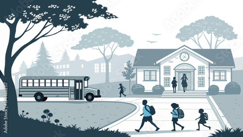Students and school bus near school entrance in a cool toned illustration with school building with back to school