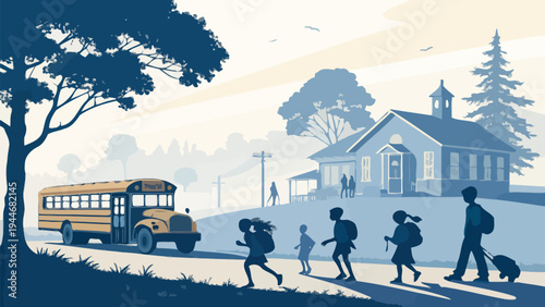 Kids with backpacks boarding yellow school bus near building in morning light with back to school