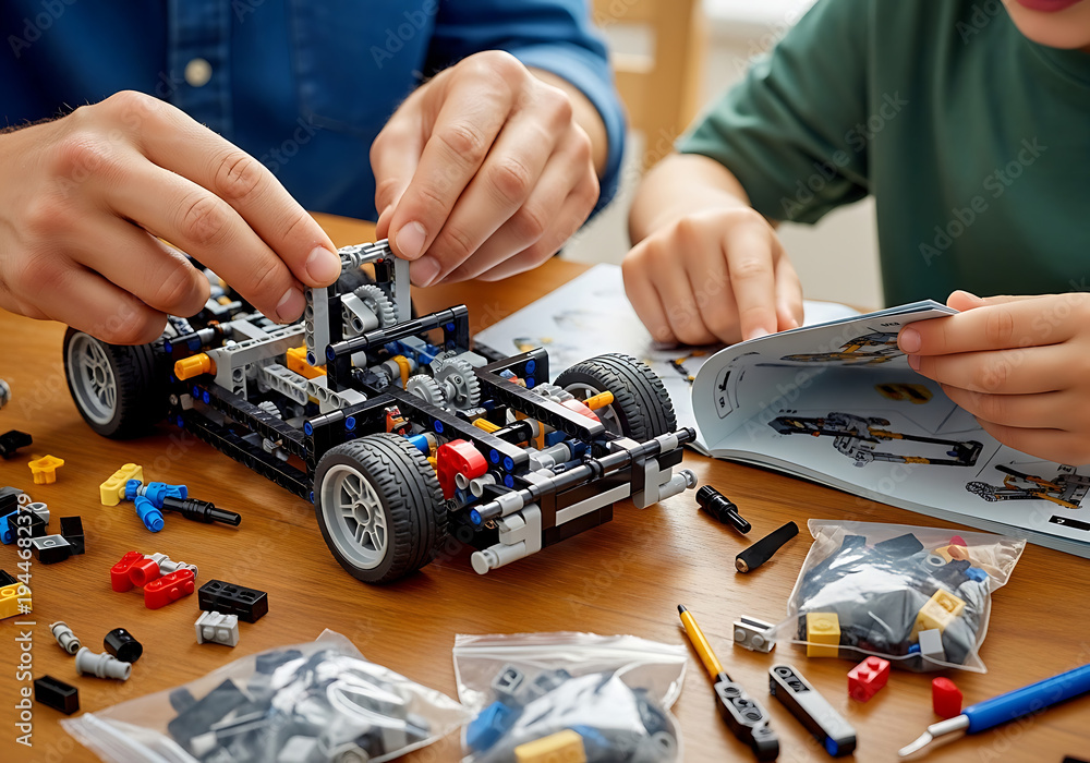 Naklejka premium Father and son assembling a complex lego set