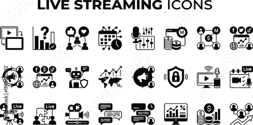 Digital Live Streaming and Social Media Marketing Content Strategy Solid Icons Set