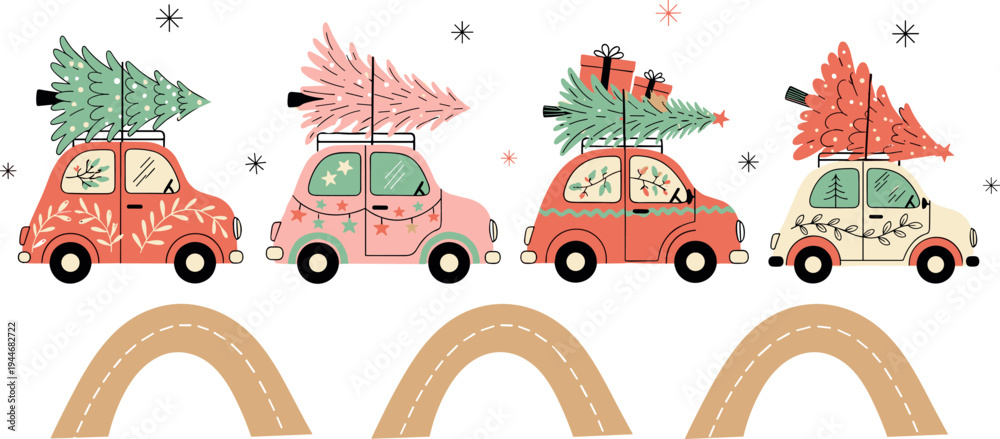 Naklejka premium Set of cute Christmas cars carrying pine trees and gifts on road with snowflakes in winter holiday vector