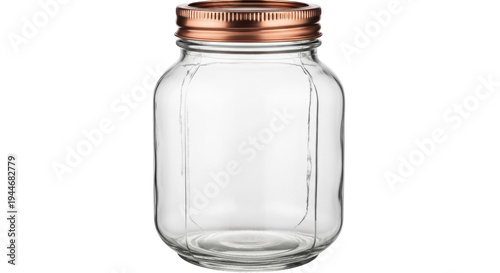 Fényképezés Empty glass mason jar with copper lid isolated PNG, vintage style canning contai