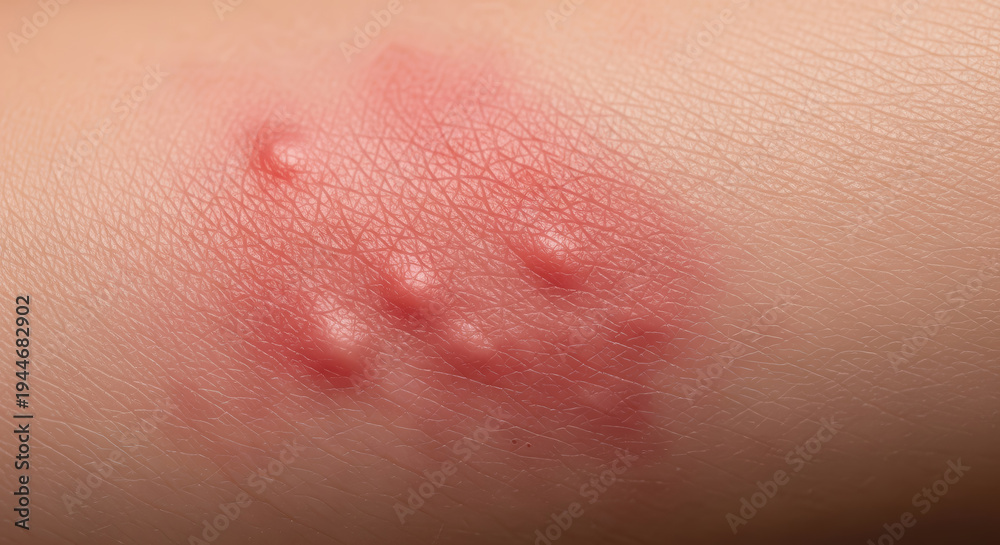 Fototapeta premium Close-up view of skin with raised red welts indicating an allergic reaction or irritation on a light skin tone arm, showcasing texture and details of the condition