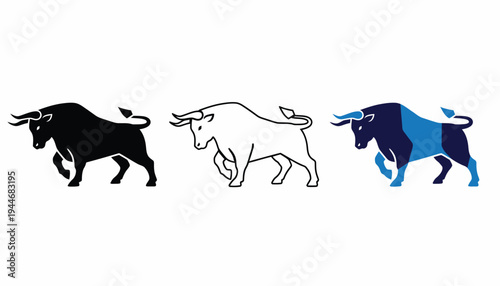 Bull Charging Black Outline Blue Vector Icons Isolated on White Background
