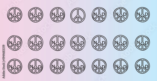 Collection of peace symbols with nd letters in grid pattern