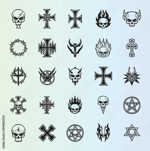 Collection of gothic and occult symbols with skulls and crosses