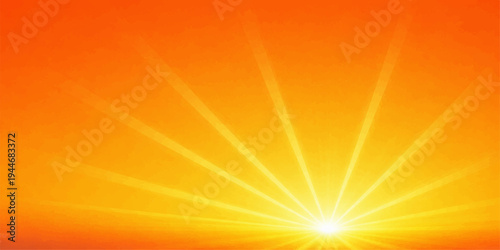A bright orange sun burst shines through the summer sky with warm yellow rays and a glowing nature background of sunset light