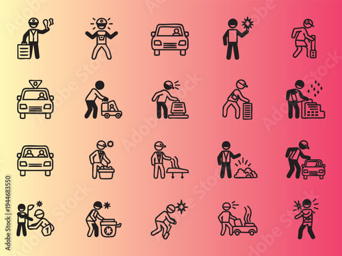 Flat icon set of various cleaning and maintenance activities and emergencies