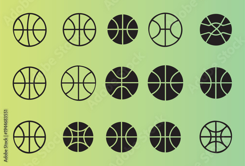 Fifteen basketball icons in various styles and designs