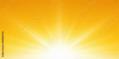 A bright summer sunrise illustration featuring a glowing orange sun and yellow rays bursting across a blue sky with a warm nature flare