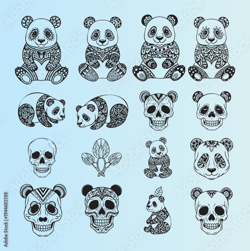 Intricate sugar skull panda illustrations with decorative patterns and designs