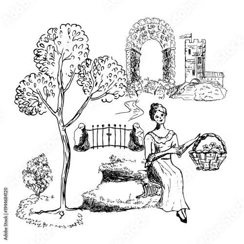 Pastoral gallantry scene toile de Jouy with a girl, a tree, a country house, an antique colonnade for wallpaper, textile.